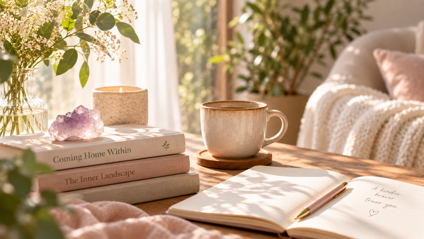 An open journal and pen beside a warm cup, softly stacked books and amethyst in morning light